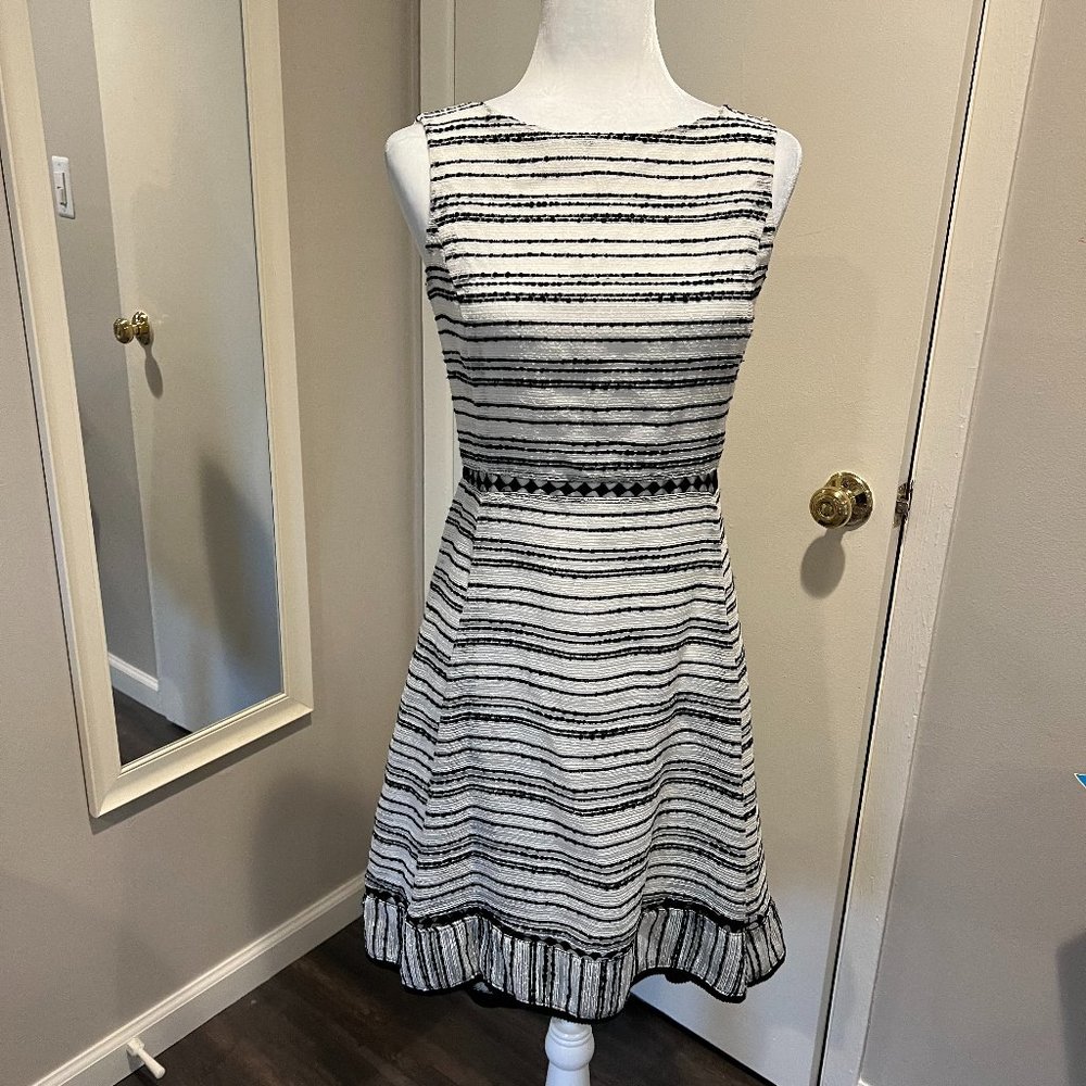 Neiman Marcus Black and White Striped Sleeveless Midi Dress